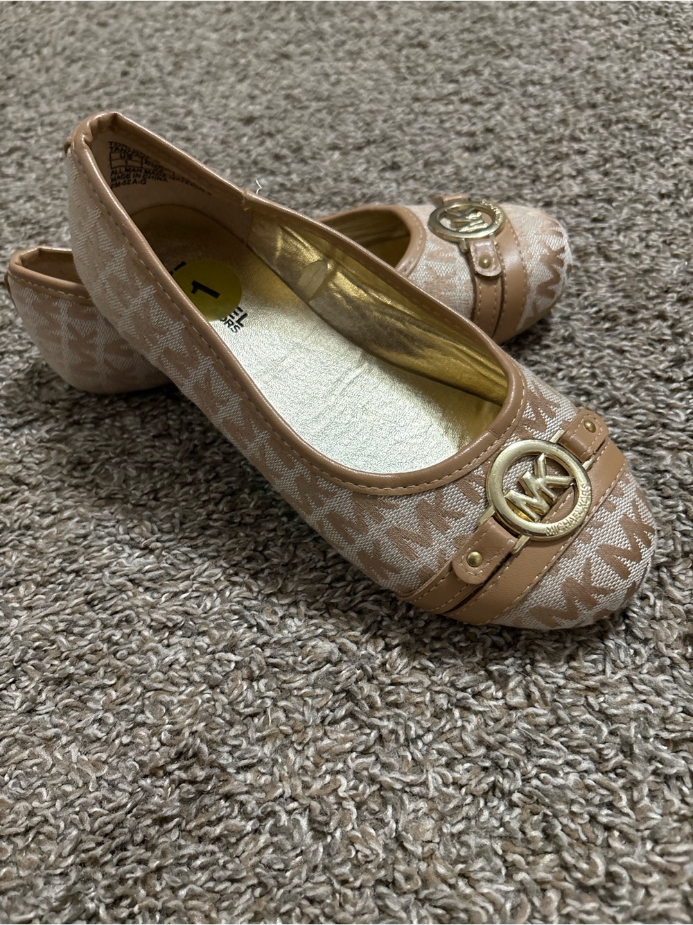 Michael Kors Beige Logo Jacquard Ballet Flats with Gold MK Medallion